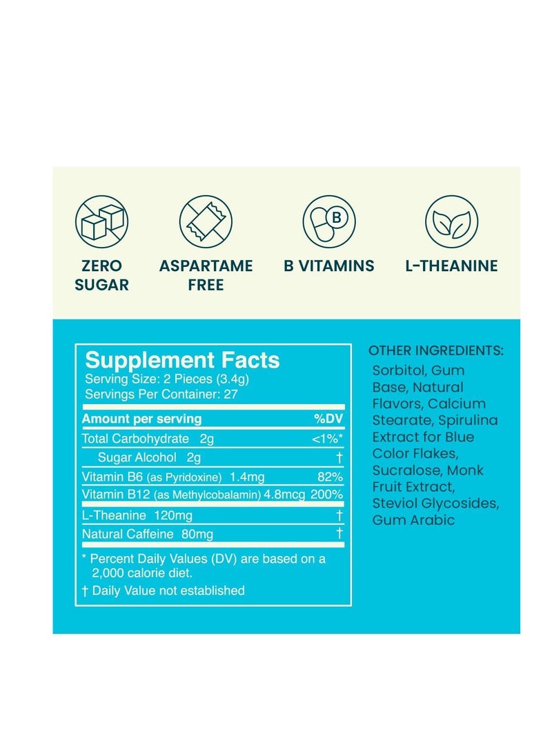 Energy Caffeine Gum (54 Pieces) - Sugar Free with L-theanine + Caffeine + Vitamin B12 & B6 - Nootropic Energy & Focus Supplement for Women & Men - Peppermint Flavor (Packaging May Vary)
