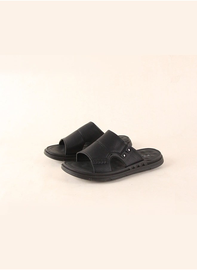 Men's 40-45 Big Size Black Leather Slide Sandals - Comfort Soft Sole For Daily Casual & Outdoor Wear