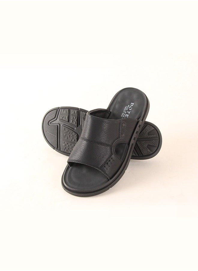 Men's 40-45 Big Size Black Leather Slide Sandals - Comfort Soft Sole For Daily Casual & Outdoor Wear