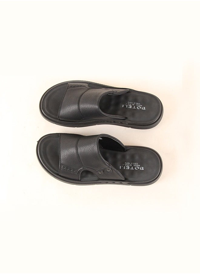 Men's 40-45 Big Size Black Leather Slide Sandals - Comfort Soft Sole For Daily Casual & Outdoor Wear