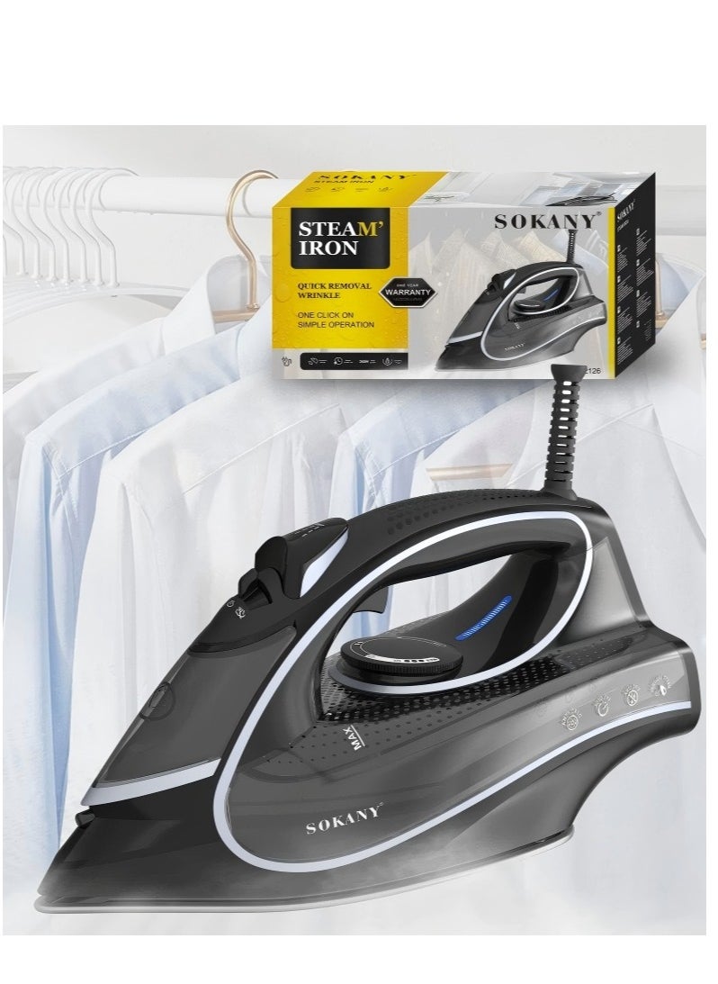 SOKANY Electric Iron, Household Steam Iron Spray Electric Iron Ironing Machine, Black 2600 Watts, Model SK-YD-2126 Plug: European Standard