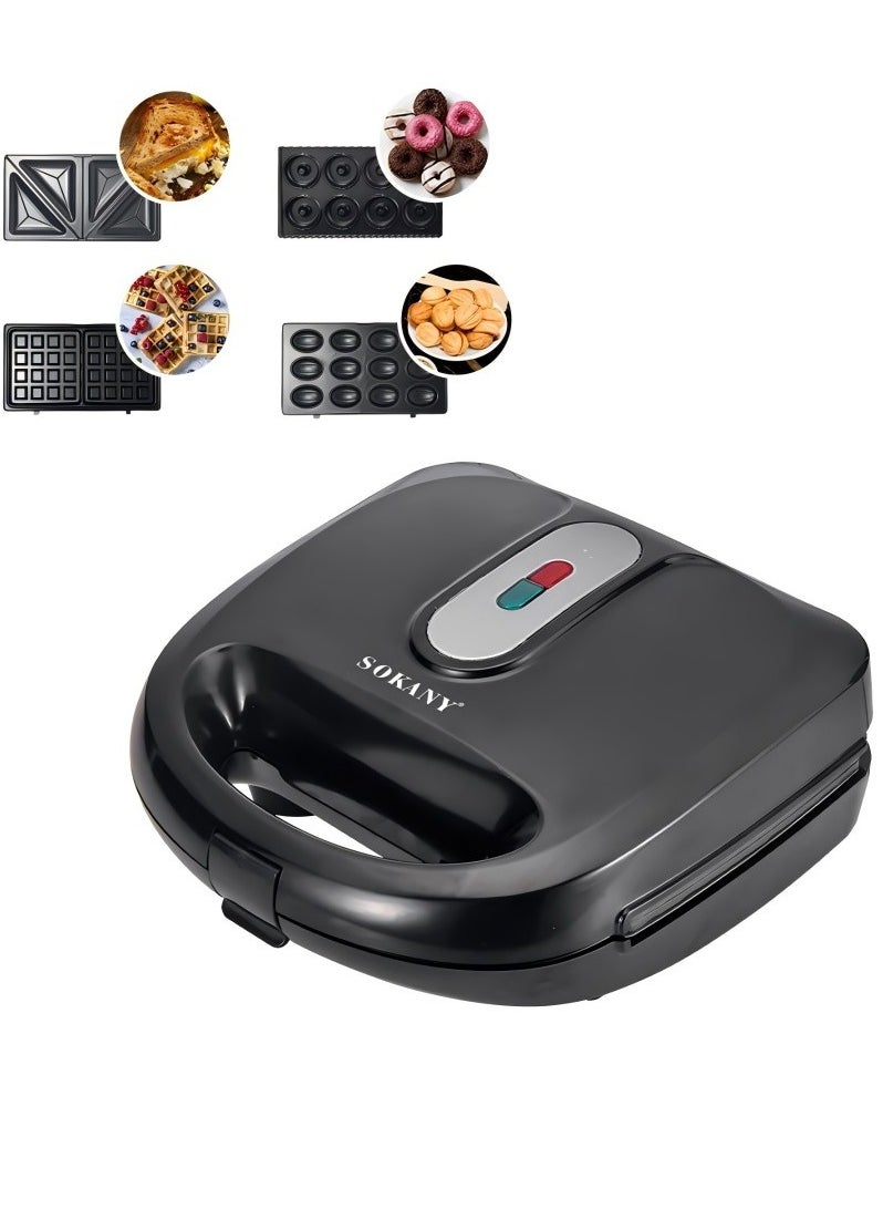 4 in 1 Sanwich Maker,Multi Snacks Maker with Sandwich/Panini-Grill-Waffle-Donut-Nutty-Biscuit-Omelette-,Detachable Plates 1000W SK-908-4 Black/Silver Plug: European Standard,Random Distribution Of Accompanying Plates