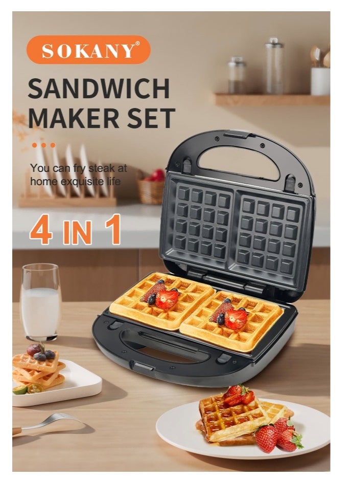 4 in 1 Sanwich Maker,Multi Snacks Maker with Sandwich/Panini-Grill-Waffle-Donut-Nutty-Biscuit-Omelette-,Detachable Plates 1000W SK-908-4 Black/Silver Plug: European Standard,Random Distribution Of Accompanying Plates