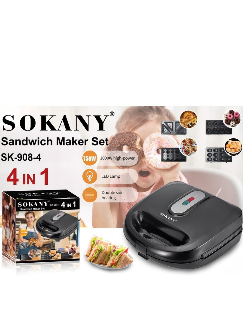 4 in 1 Sanwich Maker,Multi Snacks Maker with Sandwich/Panini-Grill-Waffle-Donut-Nutty-Biscuit-Omelette-,Detachable Plates 1000W SK-908-4 Black/Silver Plug: European Standard,Random Distribution Of Accompanying Plates
