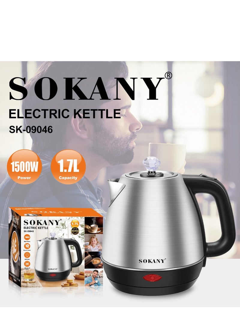 SOKANY Household Portable Electric Kettle, Office Simple Small Multifunctional Electric Kettle, Silver 1500 Watt 1.7-Liter - Plug: European Standard