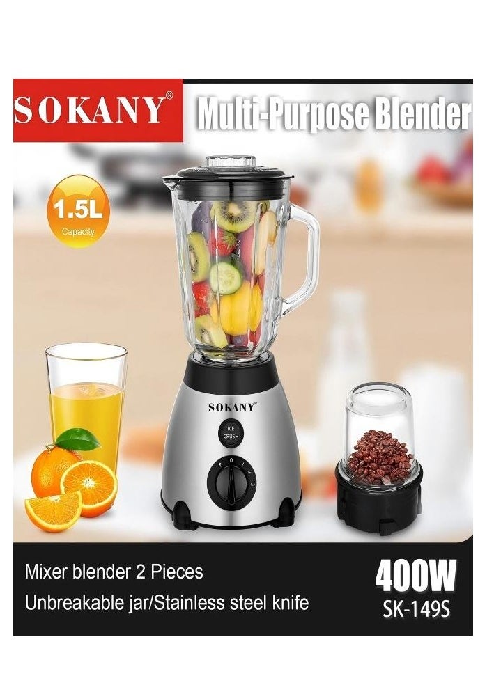 SOKANY 400W 2 - piece Multi - Purpose Blender with 1.5L Unbreakable Jar Plug: European Standard