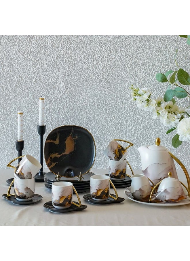 Majestic 24-Piece Porcelain Tea Set – Elegant Luxury Tea Cups & Saucers with Teapot, Sugar Bowl, Creamer – Premium Ceramic Tableware for Home & Gifting - Black/White
