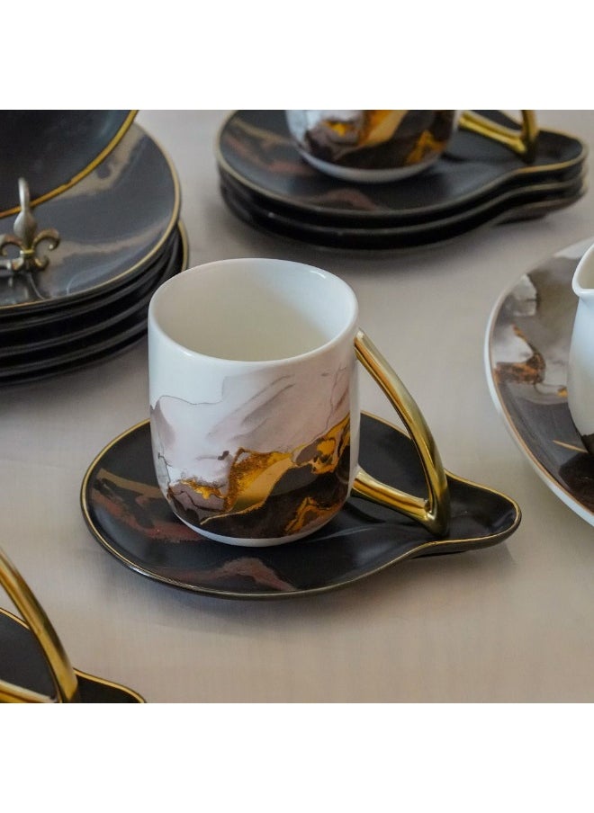 Majestic 24-Piece Porcelain Tea Set – Elegant Luxury Tea Cups & Saucers with Teapot, Sugar Bowl, Creamer – Premium Ceramic Tableware for Home & Gifting - Black/White
