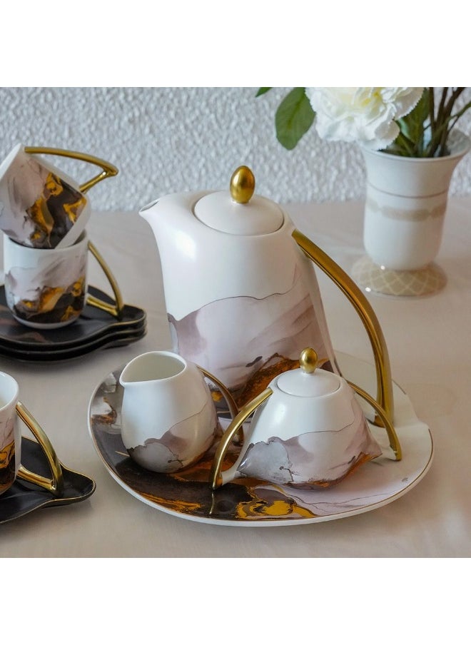 Majestic 24-Piece Porcelain Tea Set – Elegant Luxury Tea Cups & Saucers with Teapot, Sugar Bowl, Creamer – Premium Ceramic Tableware for Home & Gifting - Black/White