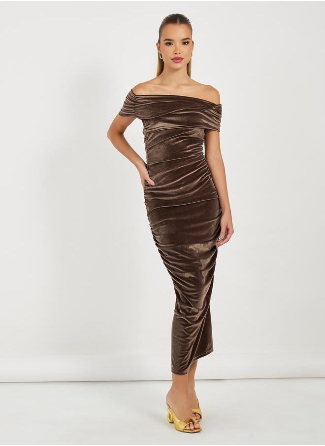 Velvet Look Off Shoulder Gathered Maxi Dress