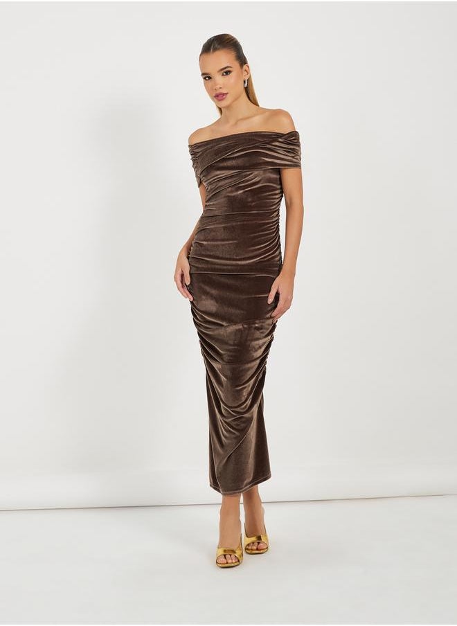 Velvet Look Off Shoulder Gathered Maxi Dress