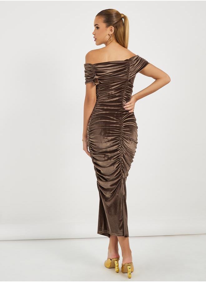 Velvet Look Off Shoulder Gathered Maxi Dress