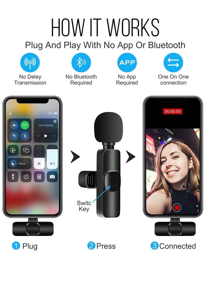 Wireless Lavalier Microphone for iPhone Plug-Play Youtubers Facebook Live Stream Vloggers Interview Video Recording Noise Reduction Auto-syncs Clip-on Lapel Mic