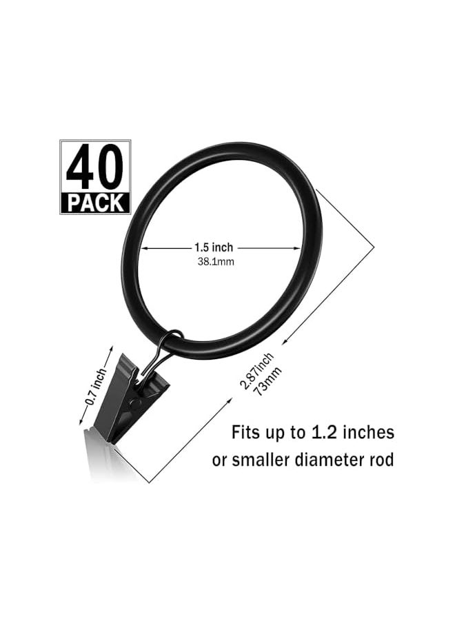 40 Pcs Curtain Rings with Clip Hooks, Steel Curtain Rings, Curtain Clip Hooks, Decorative Rod Clips Hangers, 1.5 Inch Inside Diameter, Rustproof Vintage Black