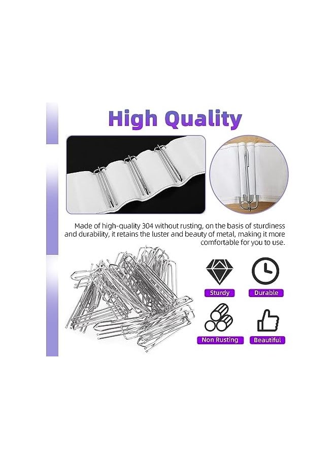30Pcs Silver Stainless Steel Curtain Pleat Hooks,Drapery Hook and Pin for Pleated Drapes 4 Prongs Pinch Pleat Hook Clips, 4 End Curtains Hangers for Window Curtain, Door, Bathroom