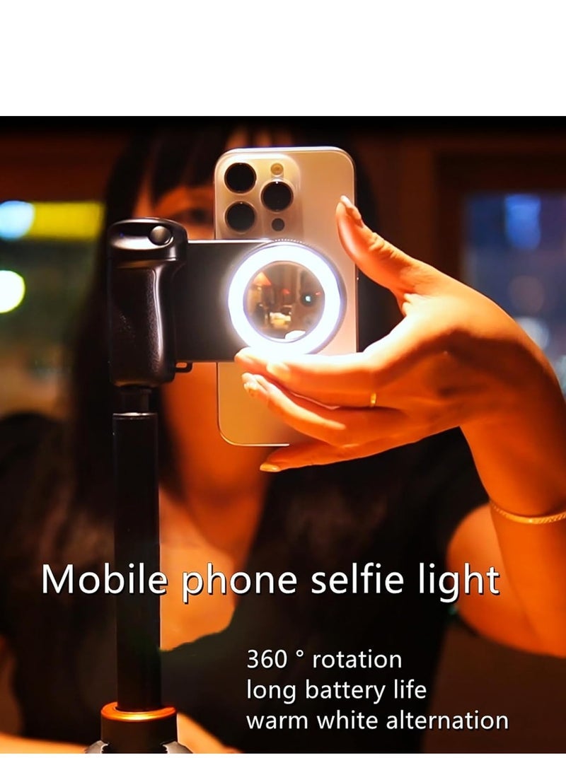 Magnetic LED Selfie Ring Light with Rechargeable Battery – Detachable Wireless Bluetooth Remote Control – Phone Grip & Shutter Handle for Smartphones – Portable Clip-On Camera Light for Selfies, Vlogging, Video Calls, Content Creation, and Travel
