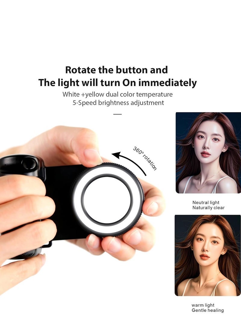 Magnetic LED Selfie Ring Light with Rechargeable Battery – Detachable Wireless Bluetooth Remote Control – Phone Grip & Shutter Handle for Smartphones – Portable Clip-On Camera Light for Selfies, Vlogging, Video Calls, Content Creation, and Travel
