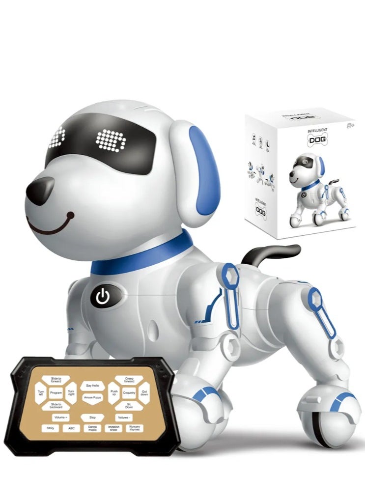 Interactive Robot Dog Toy with Touch Sensing, LED Display, Remote Control, Educational Functions, White and Blue