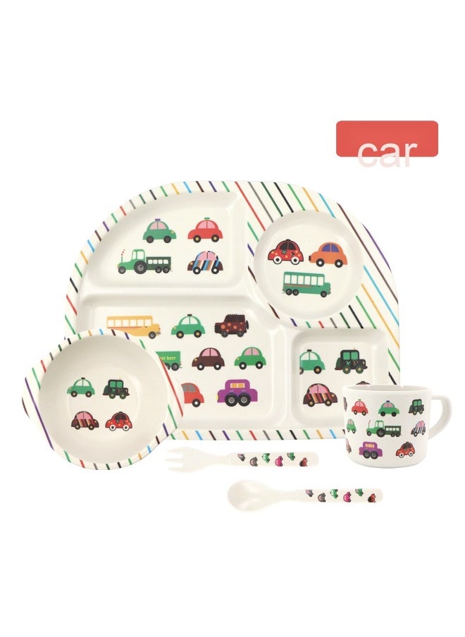 Creative 5-Piece Bamboo Fiber Kids Dinnerware Set - Cartoon Divided Plates and Bowls for Toddlers