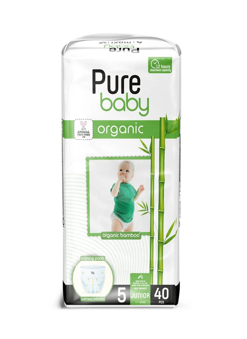 Pure Baby Organic Bamboo Pant Style Diapers, 40 Pieces, Junior Size 5, 11-20kg - Comfort Flex, Wetness Indicator, Cruelty Free, 12Hrs Dryness