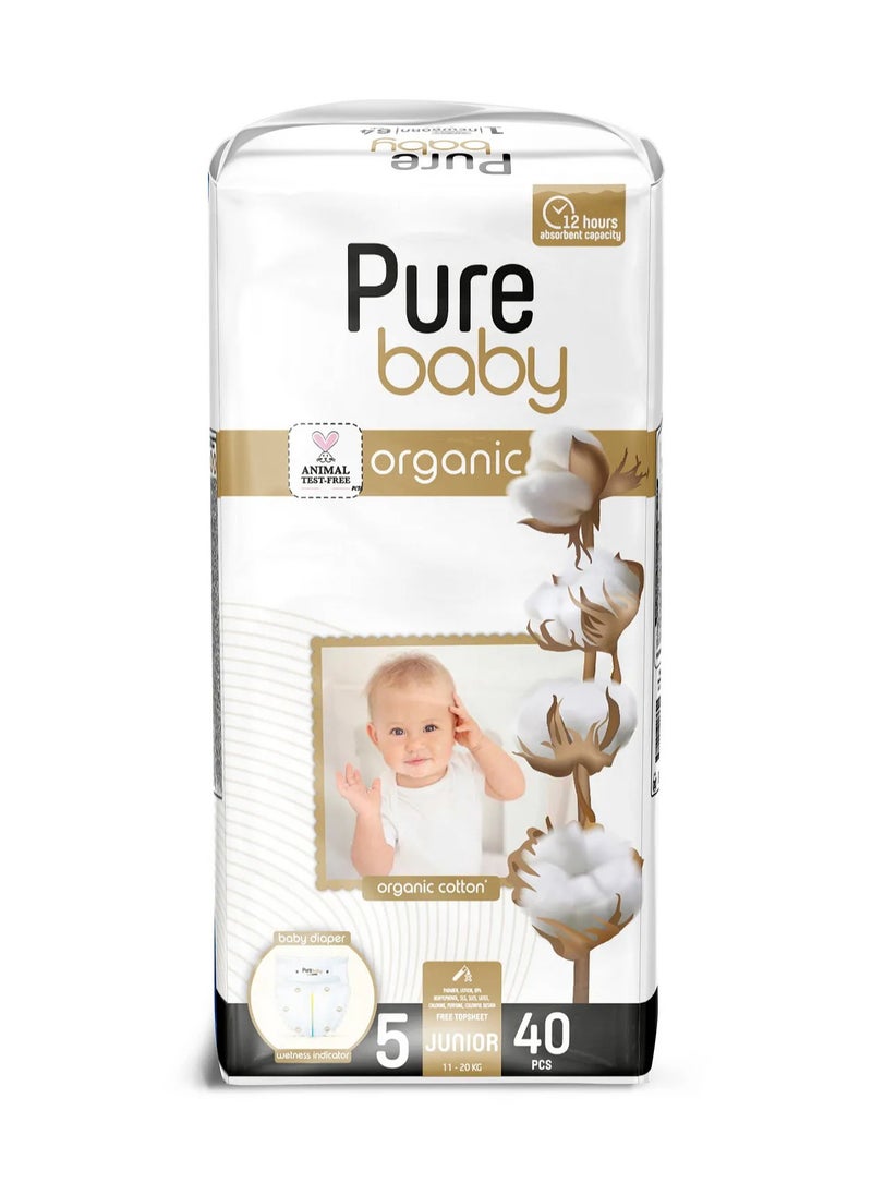 Pure Baby Organic Cotton Core Tape Style Diapers, 40 Pieces, Size 5 Junior, 11-20 kg - Comfort Fit, 12Hours Dryness, Wetness Indicator