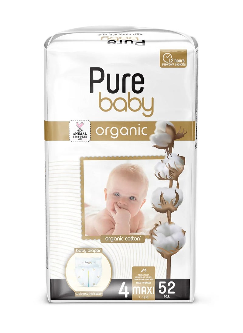 Pure Baby Organic Cotton Core Tape Style Diapers, 52 Pieces, Size 4 Maxi, 7-16 kg - Comfort Fit, 12Hours Dryness, Wetness Indicator