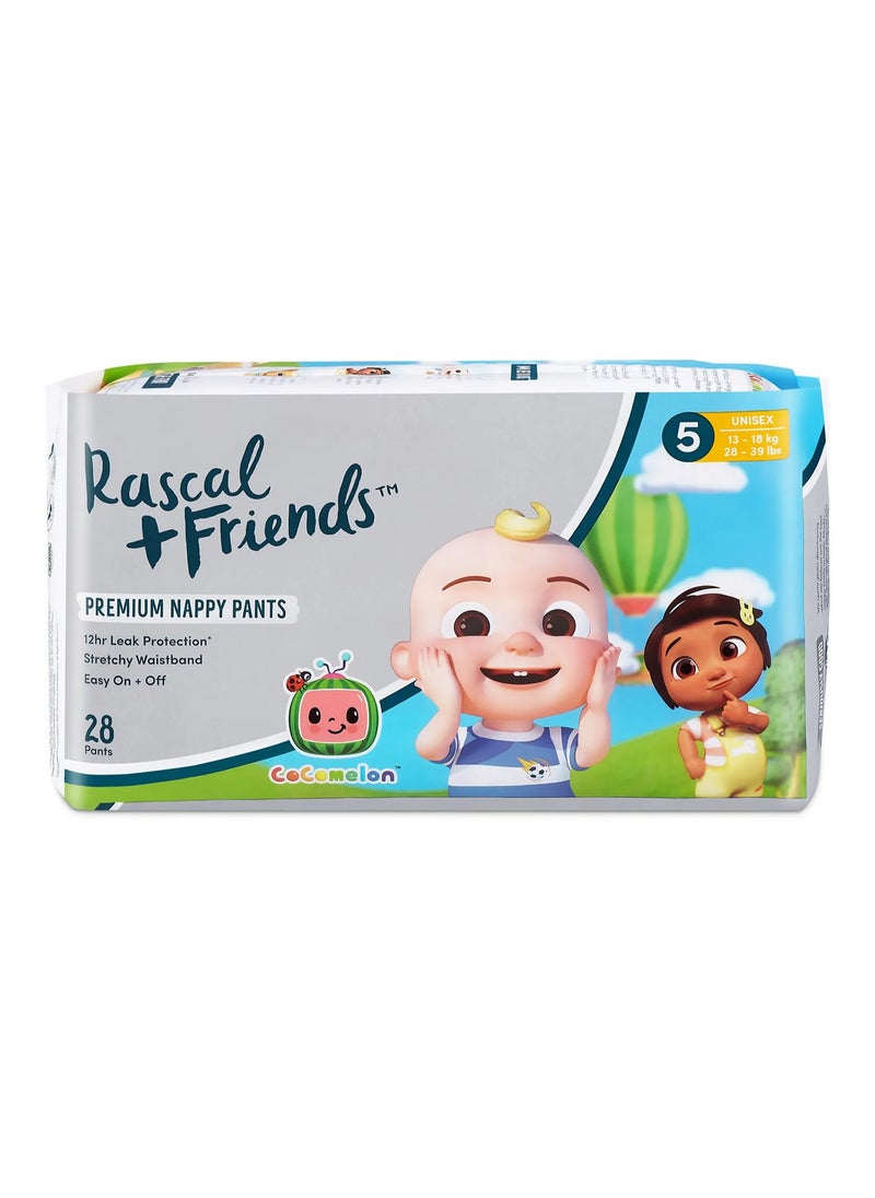 Rascal + Friends CoComelon Edition Size 5 Premium Pant Style Nappies, 13-18kg, 28 Pieces, 12hr Absorption, Stretch Waistband