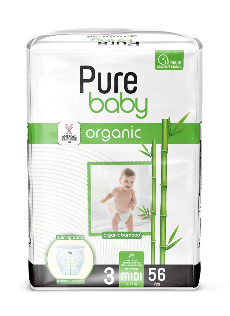 Pure Baby Organic Bamboo Pant Style Diapers, 56 Pieces, Midi Size 3, 4-10kg - Comfort Flex, Wetness Indicator, Cruelty Free, 12Hrs Dryness