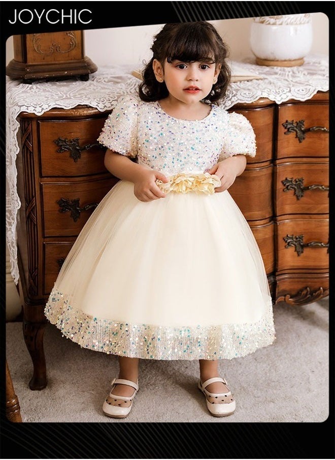 New Style Girls Children Summer Beautiful Princess Dress Short Sleeve Sequined Tulle Long Skirt