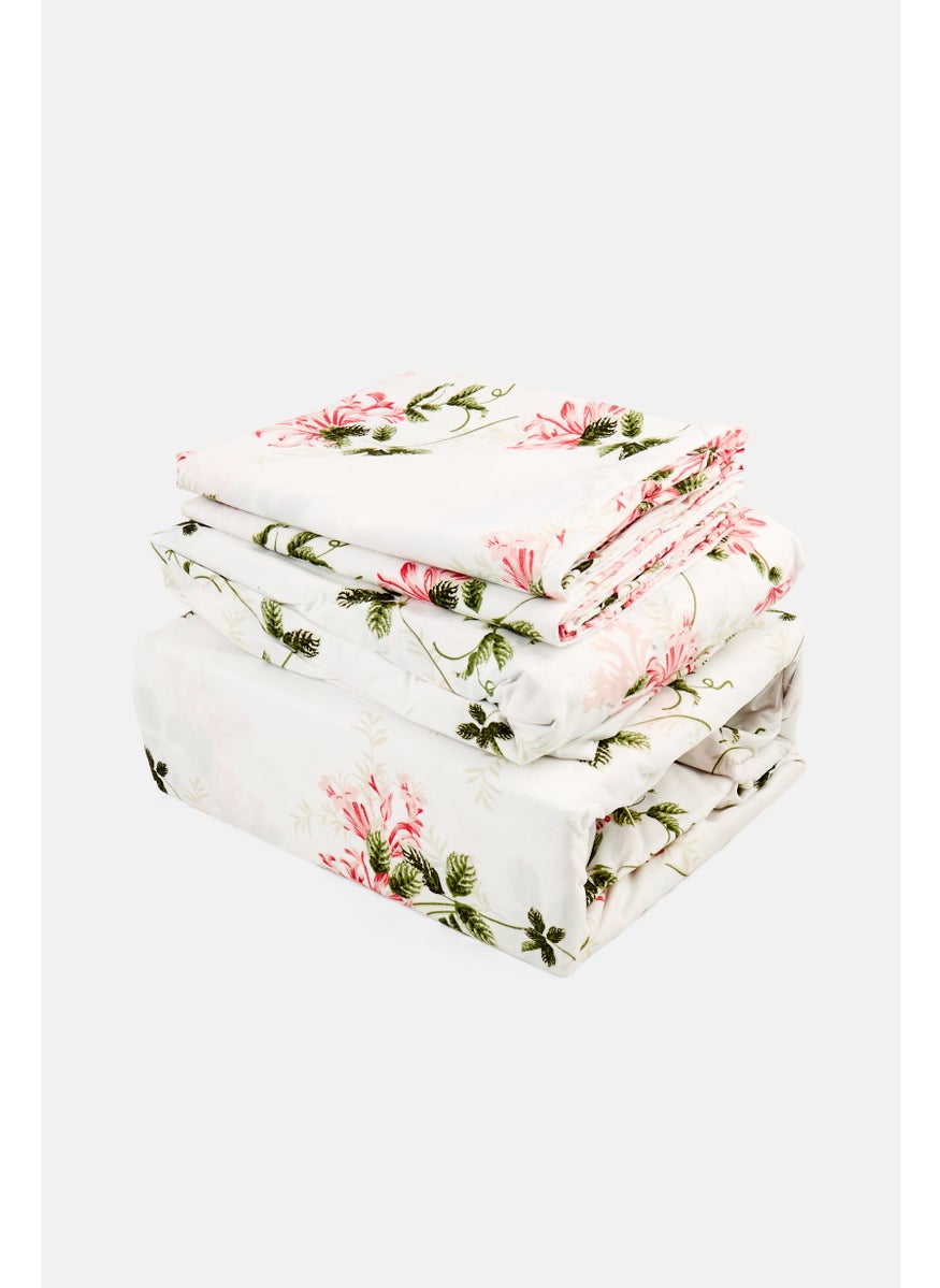 4 Pieces Floral Pattern Flat Sheet With Pillow Case Set, Multicolor