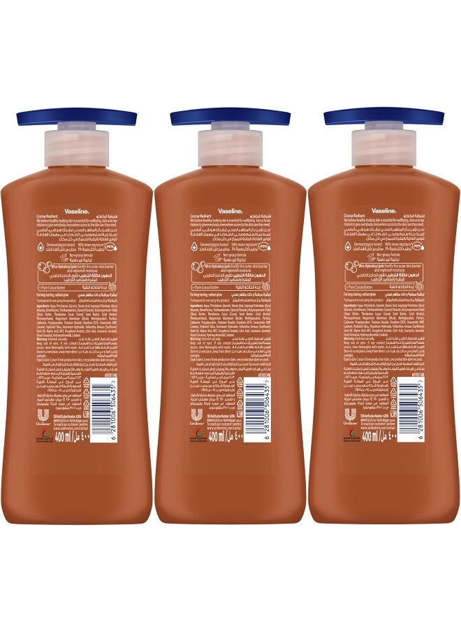 Vaseline Intensive Care Body Lotion for Dry to Very Dry Skin, Cocoa Radiant, Fast-Absorbing, 72hr Moisturising, 3 x 400ml