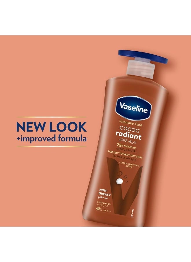 Vaseline Intensive Care Body Lotion for Dry to Very Dry Skin, Cocoa Radiant, Fast-Absorbing, 72hr Moisturising, 3 x 400ml