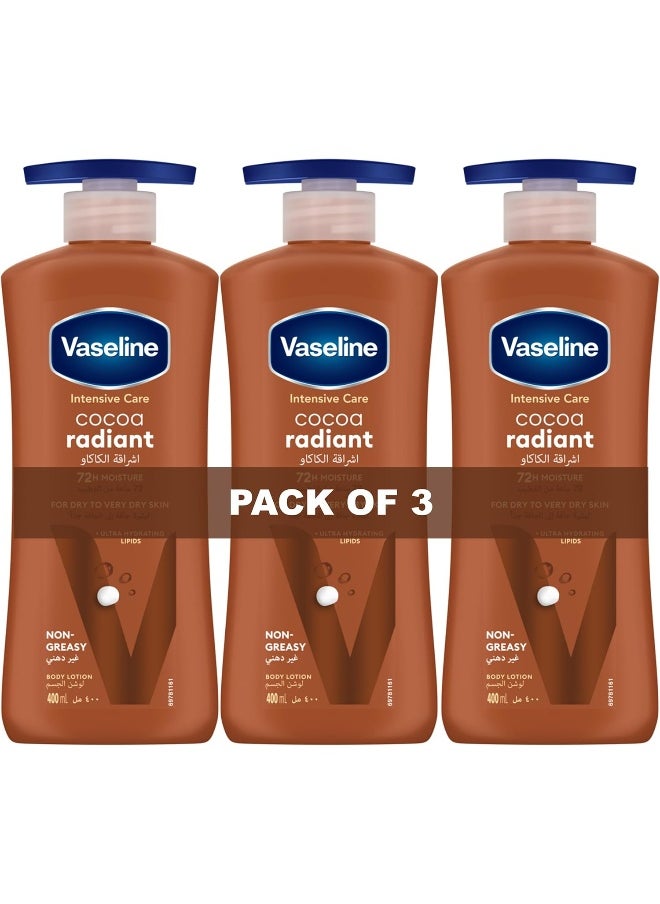 Vaseline Intensive Care Body Lotion for Dry to Very Dry Skin, Cocoa Radiant, Fast-Absorbing, 72hr Moisturising, 3 x 400ml