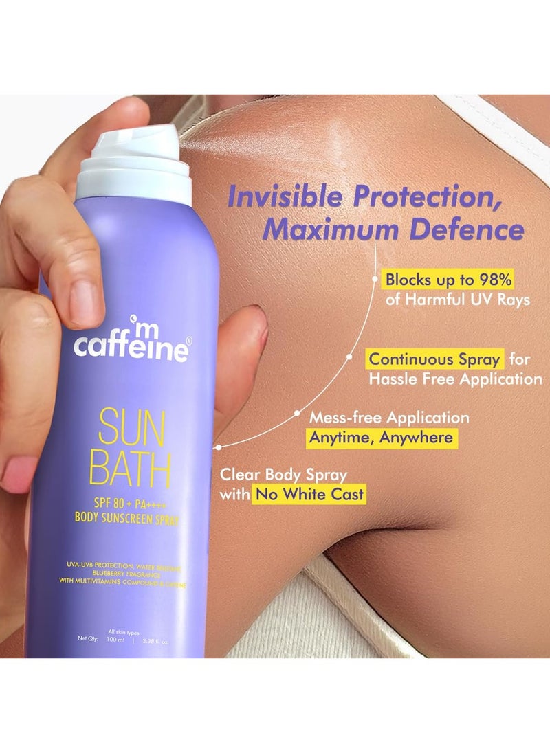 Sun Bath SPF 80+ PA ++++ Body Sunscreen Spray | High UV Protection | Invisible, Non-Greasy, 180 Mins Water/Sweat Resistant Cooling Spray| For All Skin Types | Blueberry Fragrance -100ml