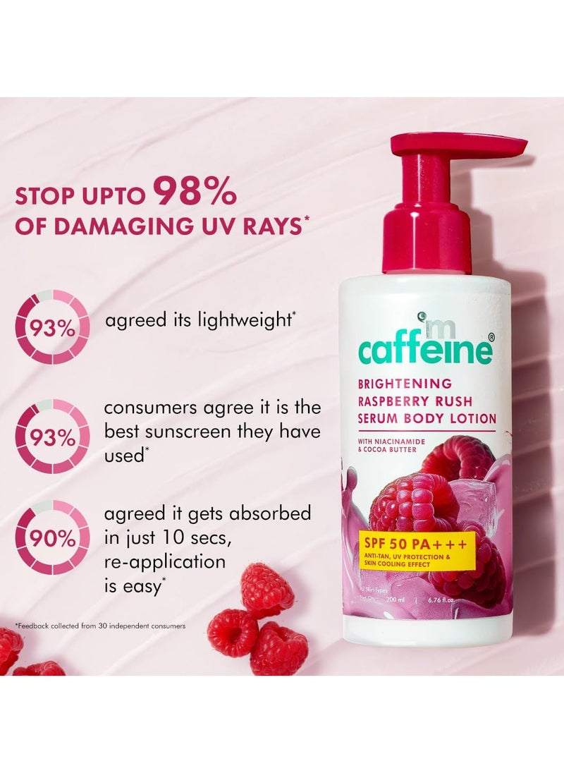 Brightening SPF 50 PA+++ Body Sunscreen Lotion | Instant Cooling, De-tan Body Lotion with Vitamin C Rich Raspberries & Niacinamide | Lightweight, Non-sticky Sun Protection - 200ml