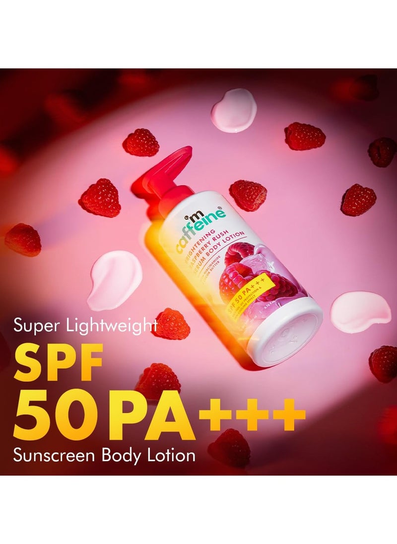 Brightening SPF 50 PA+++ Body Sunscreen Lotion | Instant Cooling, De-tan Body Lotion with Vitamin C Rich Raspberries & Niacinamide | Lightweight, Non-sticky Sun Protection - 200ml