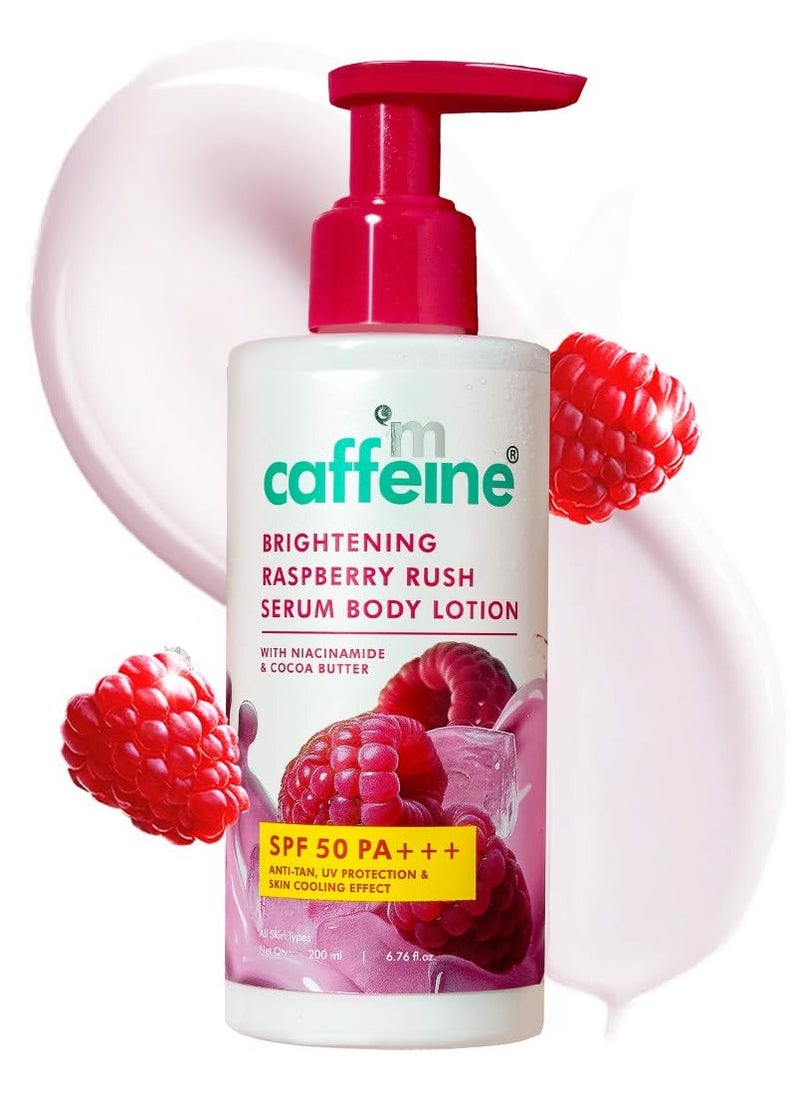 Brightening SPF 50 PA+++ Body Sunscreen Lotion | Instant Cooling, De-tan Body Lotion with Vitamin C Rich Raspberries & Niacinamide | Lightweight, Non-sticky Sun Protection - 200ml