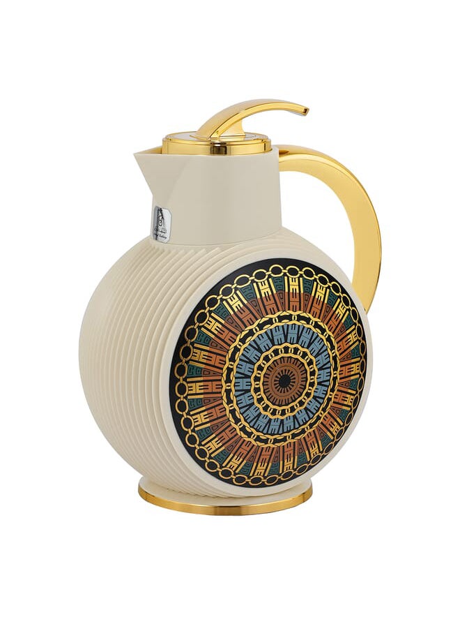 Al-Jawhara thermos, beige pattern, circular ring, golden handle, 0.9 liters