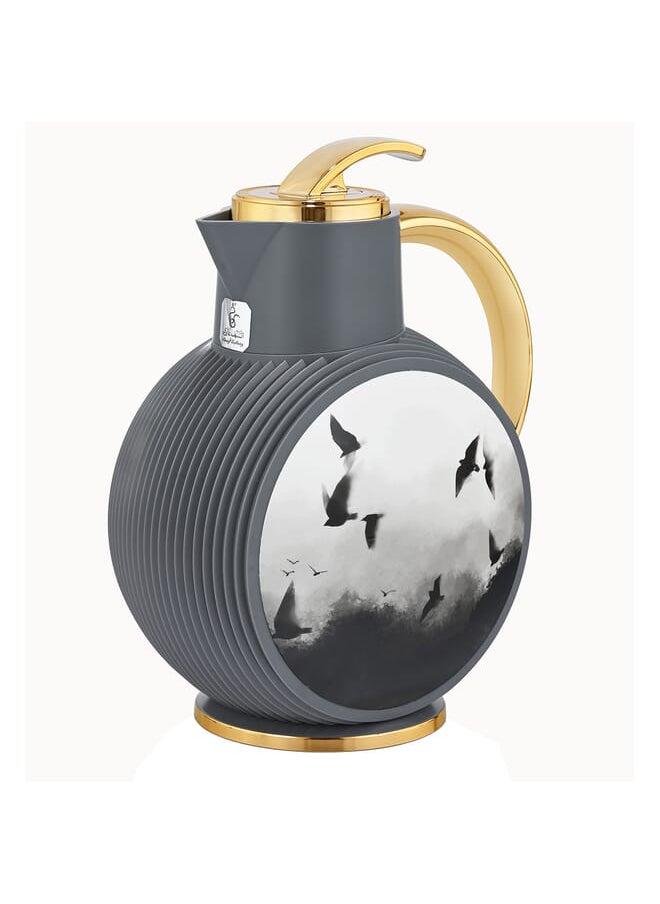Al Jawhara thermos, dark gray, bird pattern, golden hand, 0.9 liters