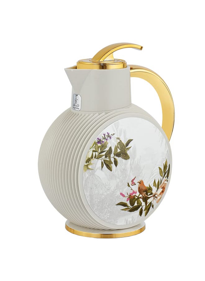 Al-Jawhara thermos, beige, bird pattern, golden hand, 0.9 liters