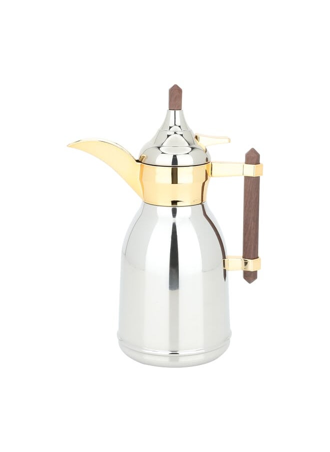Dallah Shahd Silver With Dark Wooden Handle Golden Mouth 0.6L