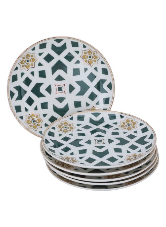 Cake serving set (plates + forks + cake spoon) white green pattern with gold