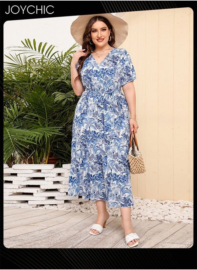 Women Plus Size Summer Floral Print Dresses Short Sleeve V Neck Maxi Breathable Long Dress