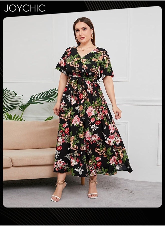 Women Plus Size Summer Floral Print Dresses Short Sleeve V Neck Maxi Breathable Long Dress