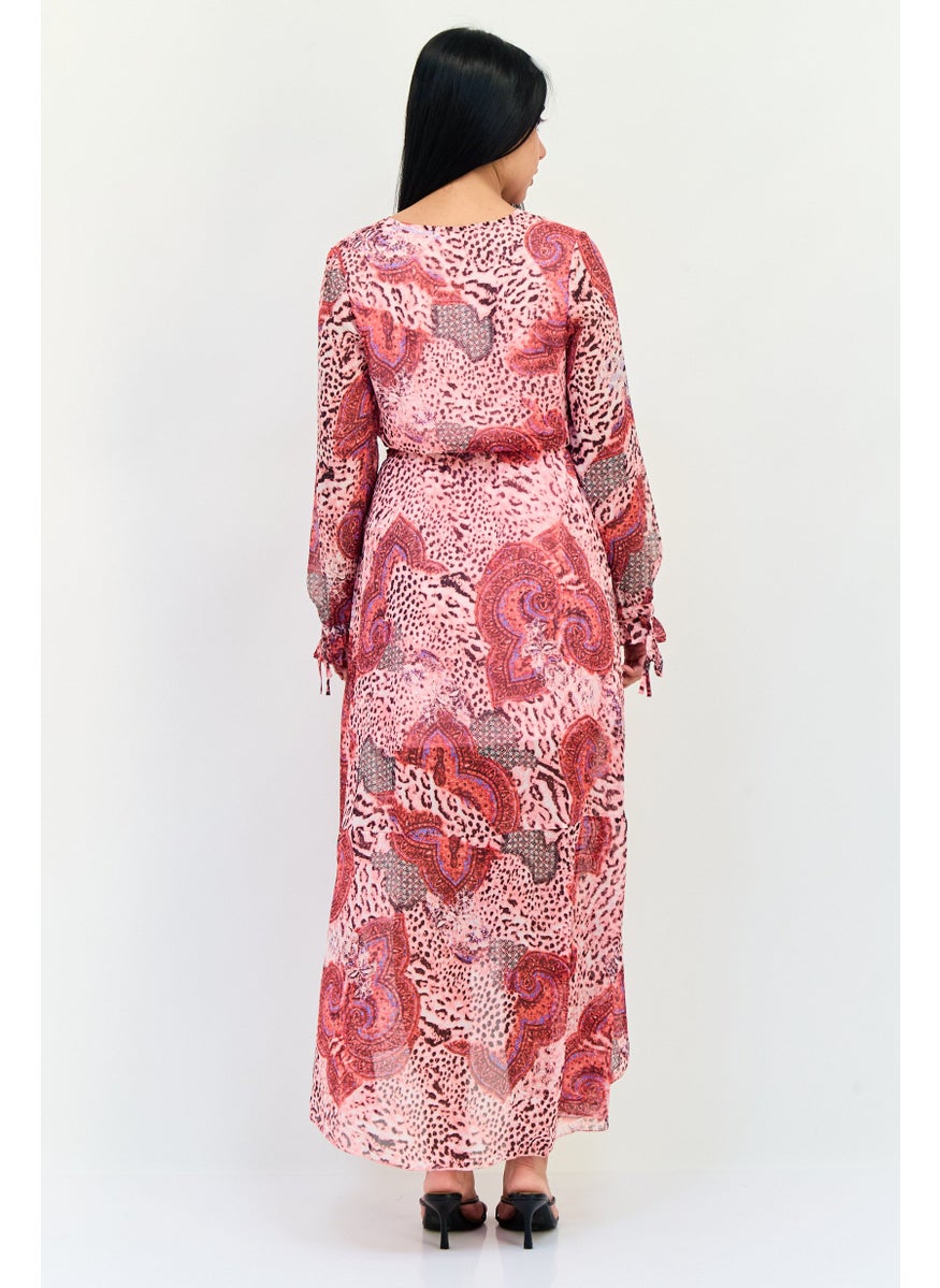 Women Floral Print Belted Maxi Dress, Multicolor