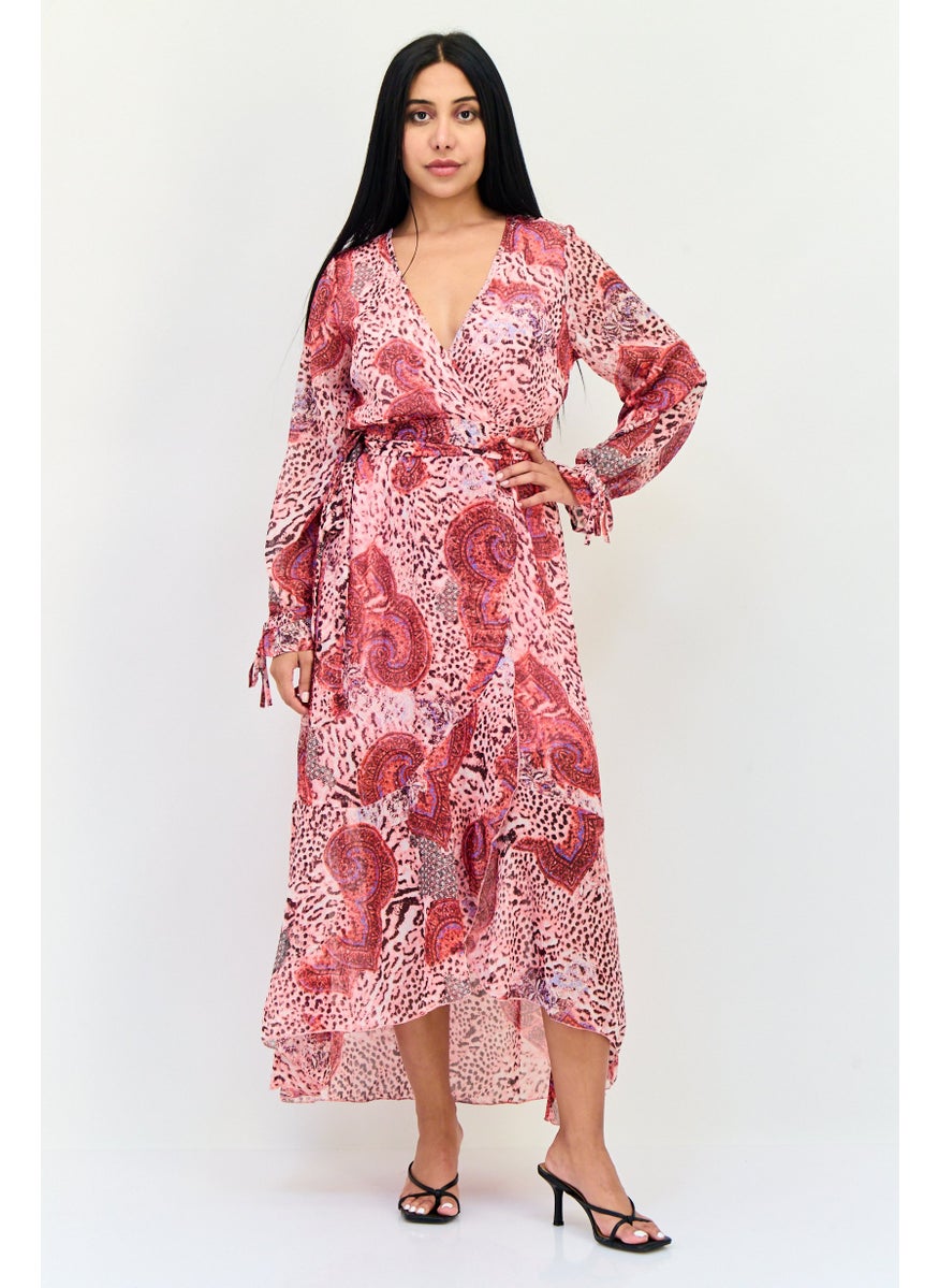 Women Floral Print Belted Maxi Dress, Multicolor