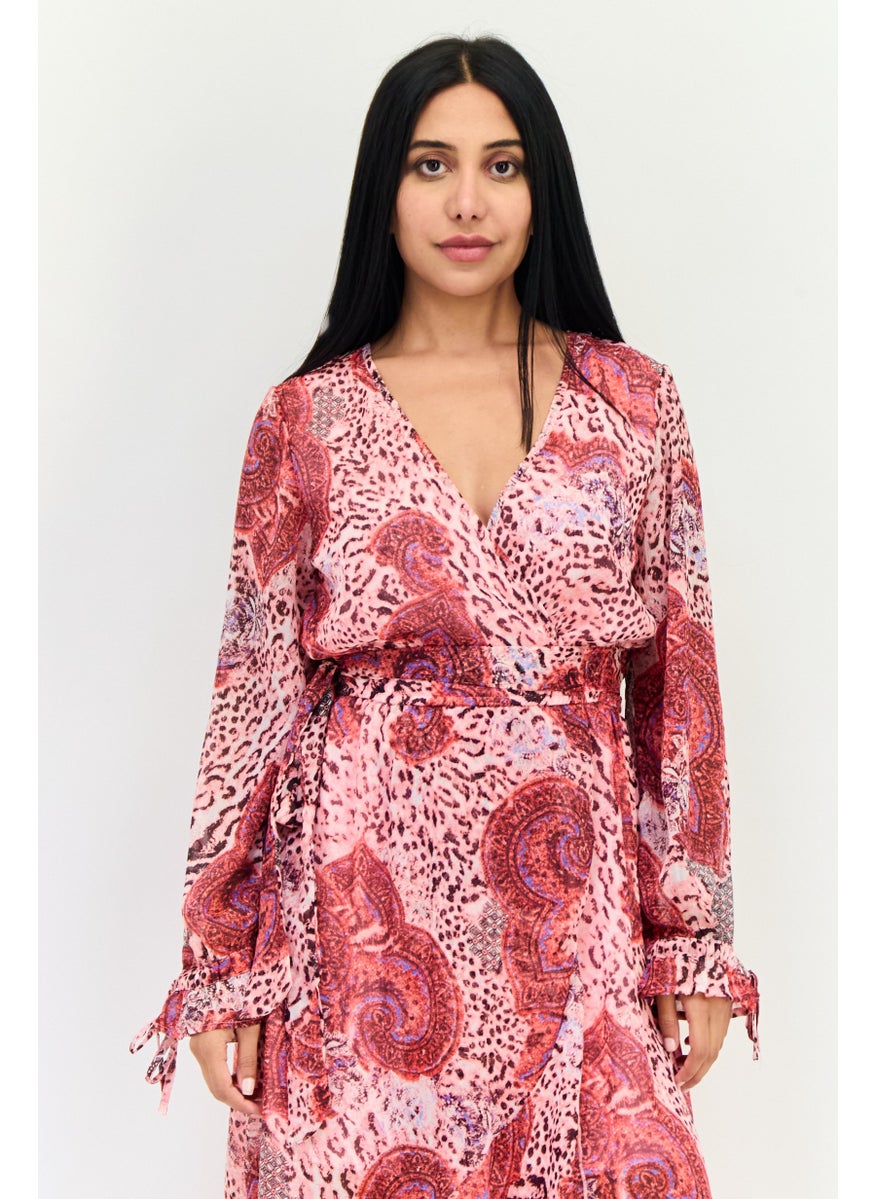 Women Floral Print Belted Maxi Dress, Multicolor