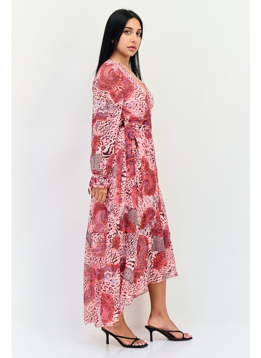 Women Floral Print Belted Maxi Dress, Multicolor