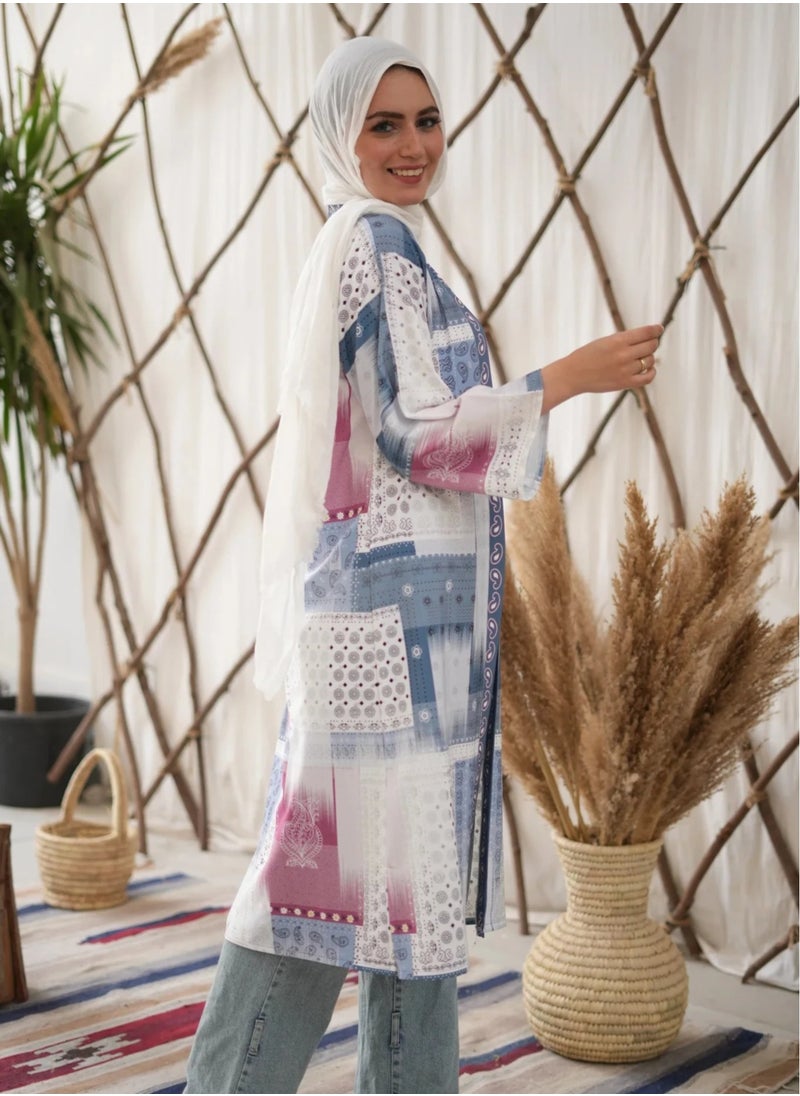 Women's Long Sleeve Open Cardigan - Luxurious Light Blue & White - Modest Fashion - Cozy and Stylish