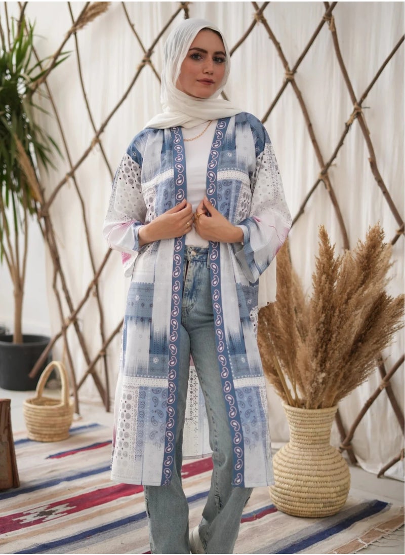 Women's Long Sleeve Open Cardigan - Luxurious Light Blue & White - Modest Fashion - Cozy and Stylish